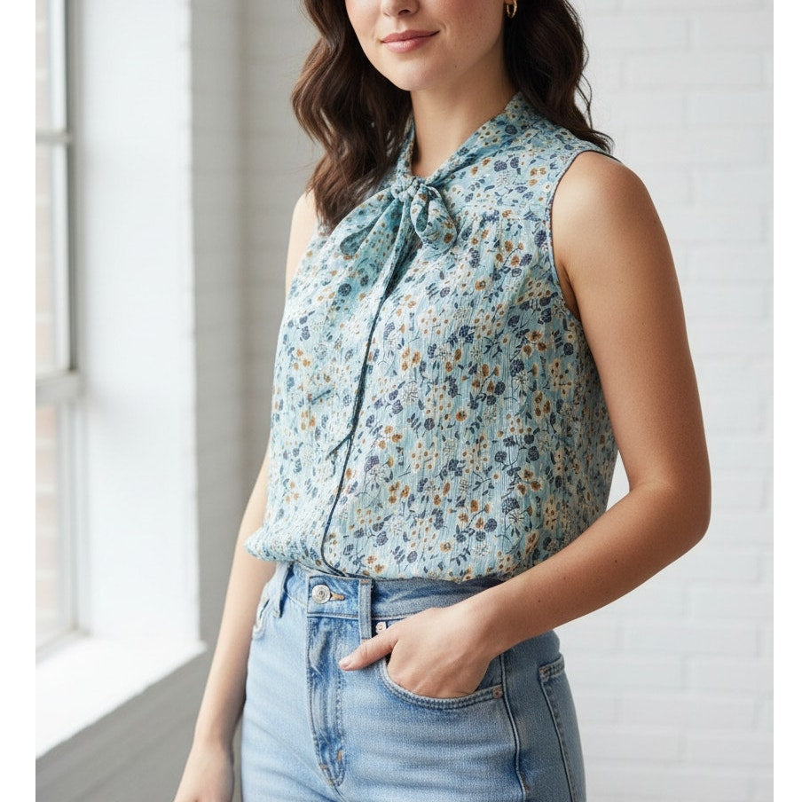 Anthropologie Anna Sui Forget Me Not Floral Silk Sleeveless Button Blouse, sz 2