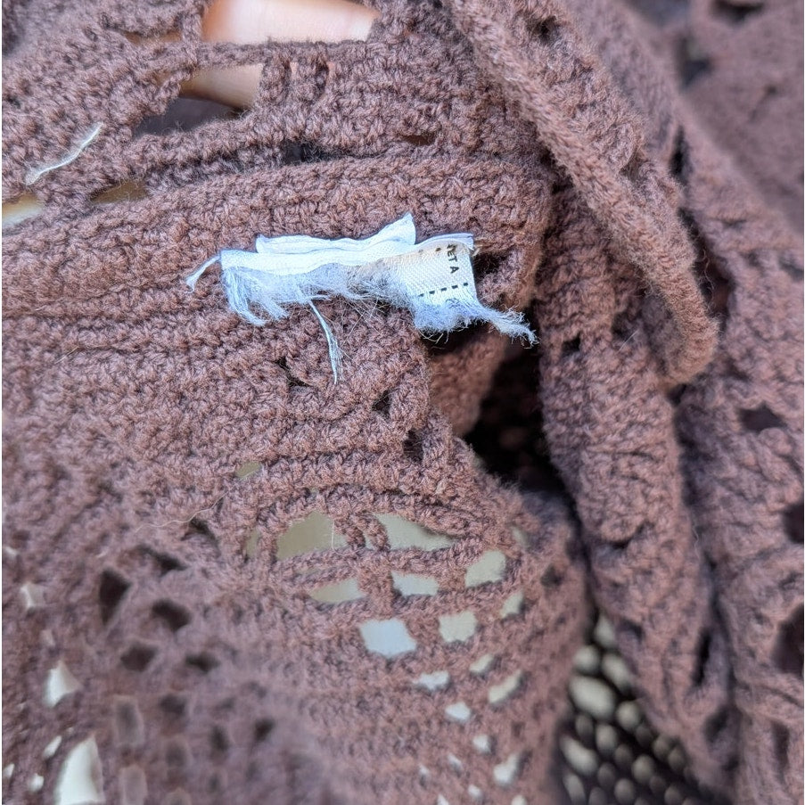 Mango MNG Crochet Long Sleeve Top Womens S Chocolate Brown Floral Cotton Knit