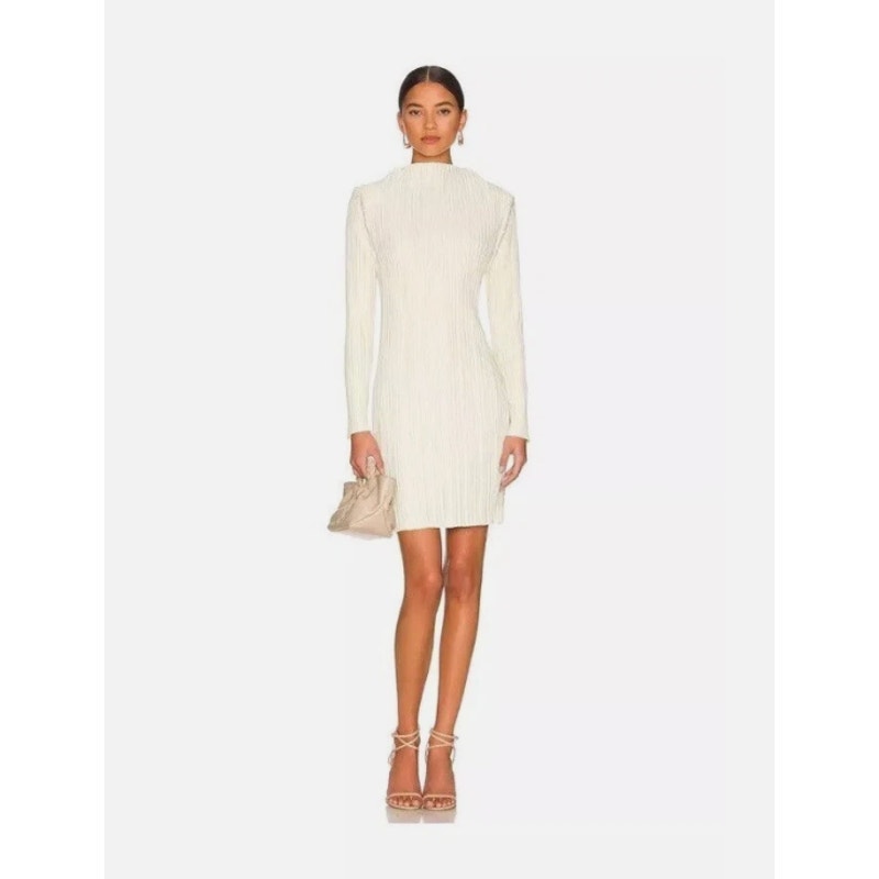 Anine Bing Off-White Buttercream Kira Mini Dress Pleated Long Sleeve Mock Neck