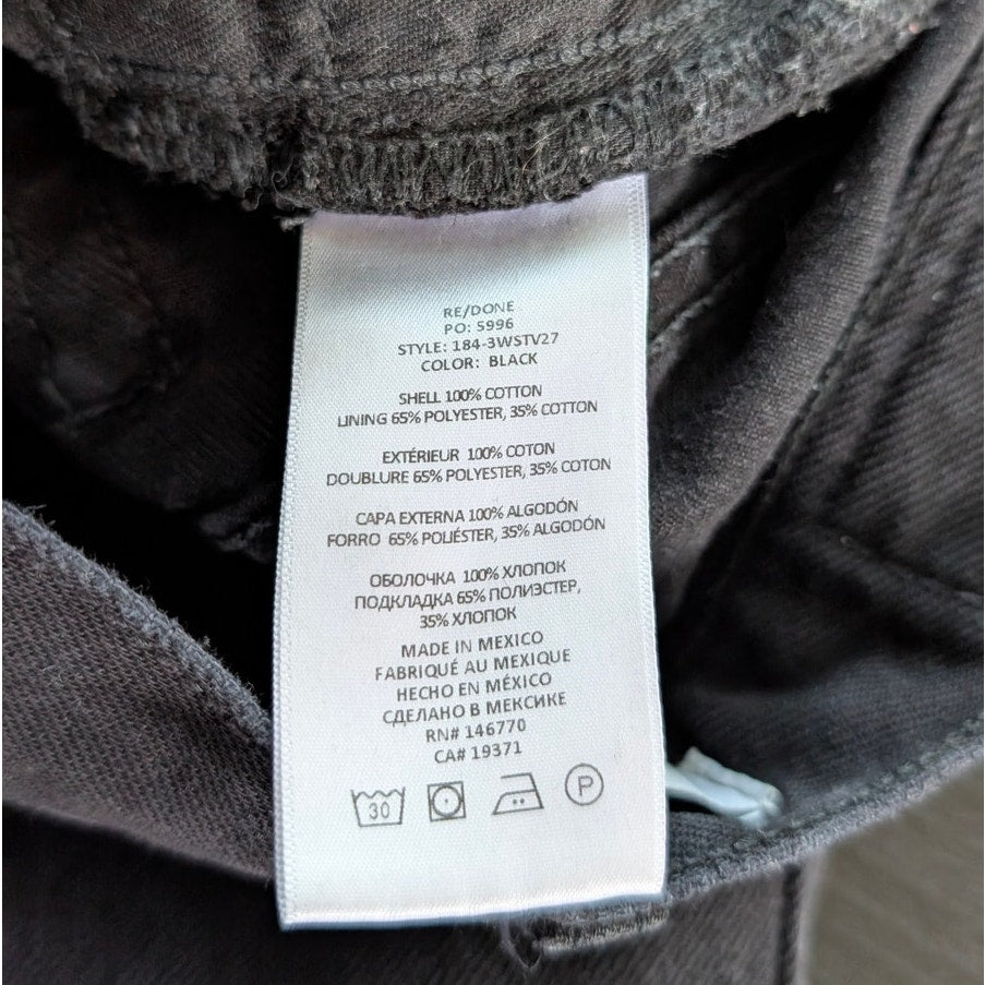 RE/DONE Stove Pipe Black Denim High-rise Raw Hem Cropped Jeans, size 25