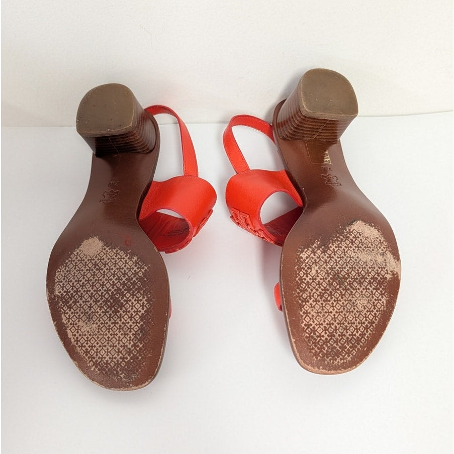 Tory Burch Lowell Orange Red Leather Logo Block Heel Sandals Women's 7M
