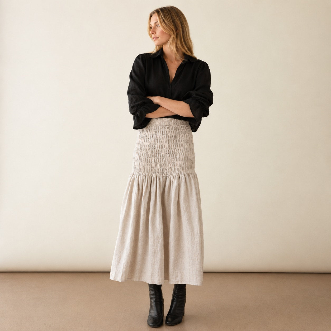 Marle Saint Natural Linen Skirt AU 10 / US 6 Tan Flowy Smocked Midi Maxi