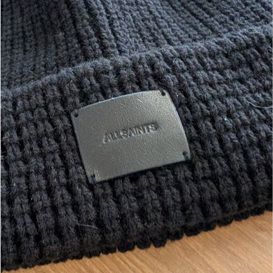 AllSaints Black Knit Winter Set Beanie Scarf Gloves 30% Wool Womens