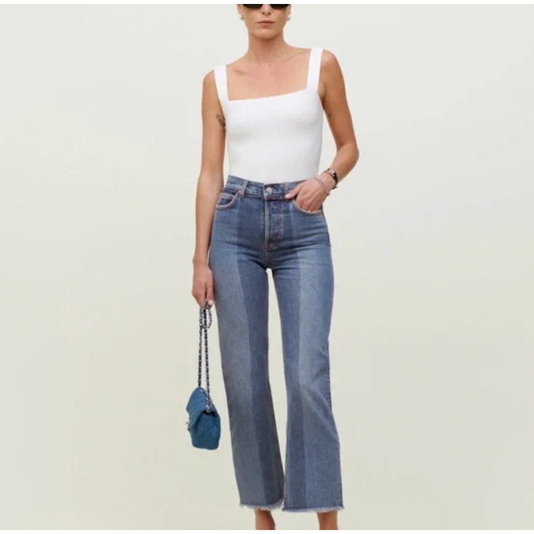Reformation Natoma Blue Denim Distressed High-rise Straight Leg Jeans, size 25