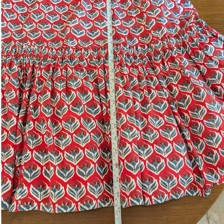 Eddy Hayley Red Floral Print Puff Sleeve Cotton Tiered Midi Dress, size L