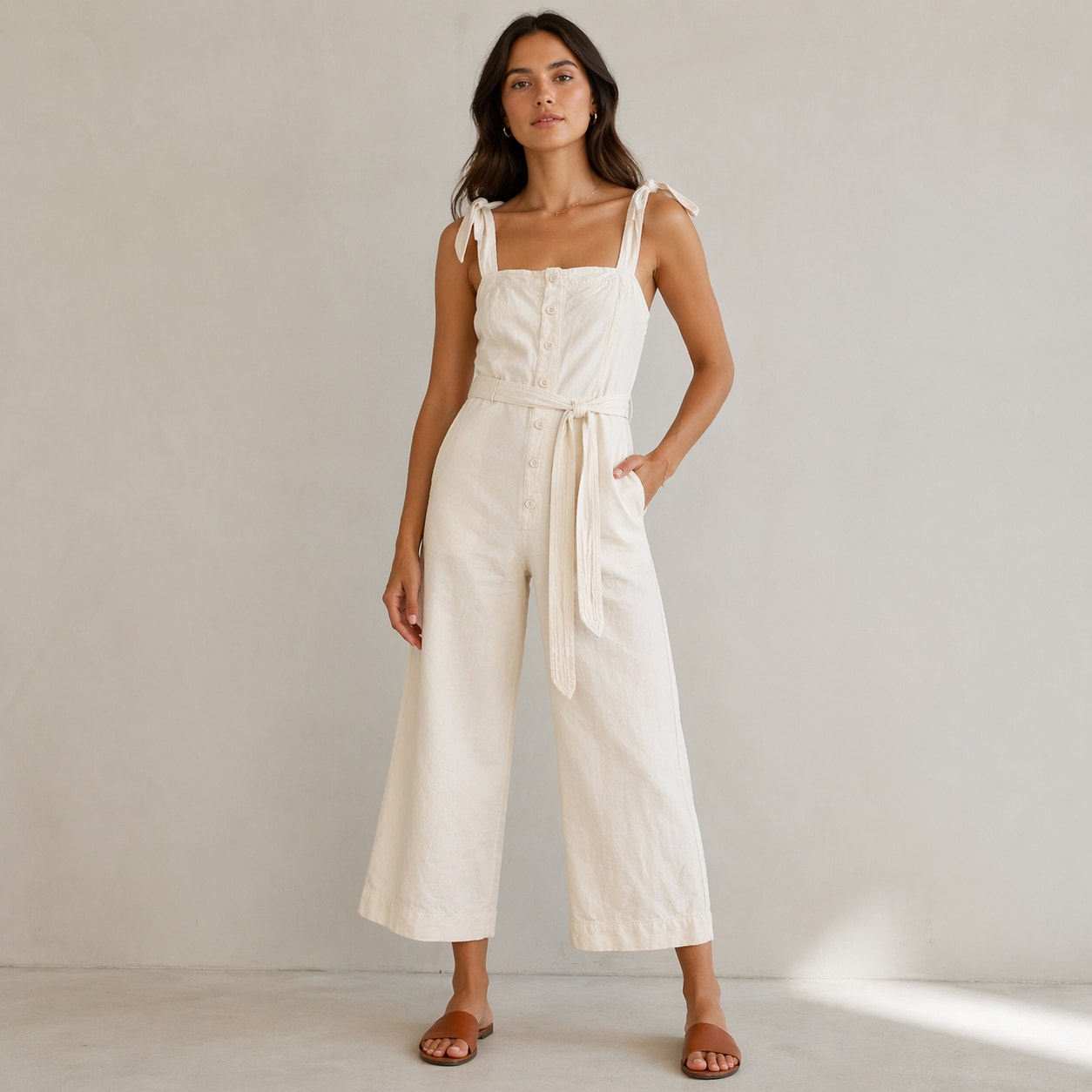 Apiece Apart Deia Jumpsuit Womens 2 Cream Linen/Cotton Sleeveless Cropped