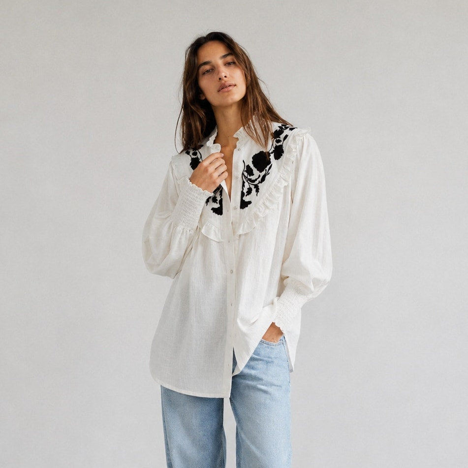 Free People Rose Vines Embroidered Top Womens S White Floral Cotton Button-up