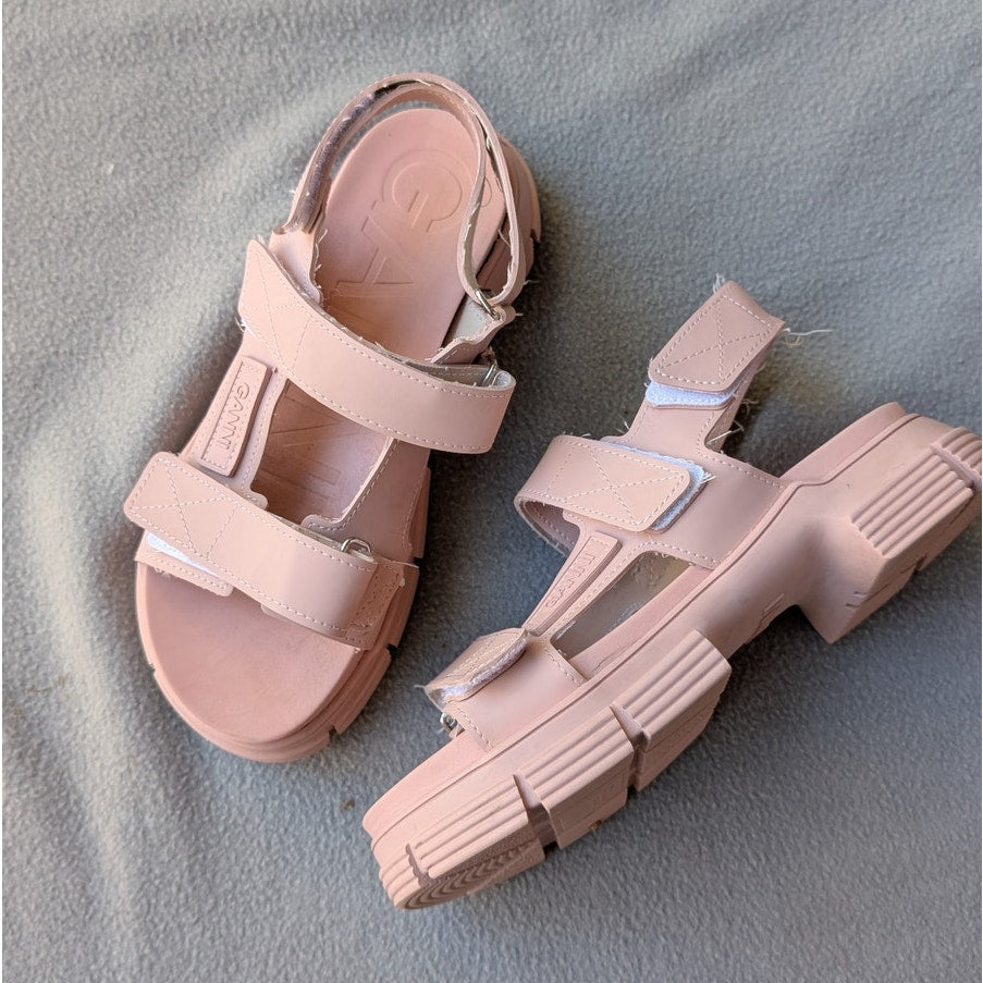 Ganni Pink Recycled Rubber Logo Open Round Toe Strap Sandals, size EU39/US9