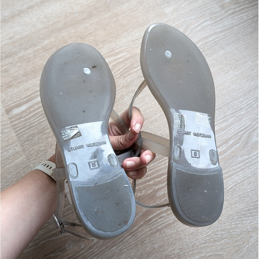 Stuart Weitzman Sandals Buckle Jelly Millie Gray Clear Flats Thong, size 8