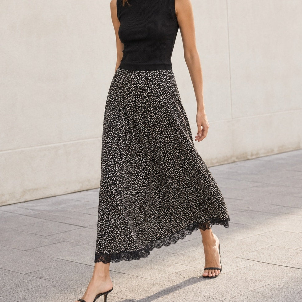 Barbara Taddei Black Floral Print Lace A-line Midi Italy Skirt, size 42/M/US 6