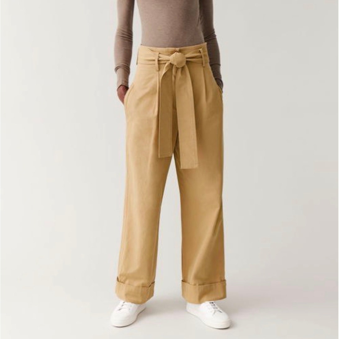 Cos Pants Womens EU38/ S-M Beige Belted High-rise Wide-Leg Cotton Trousers