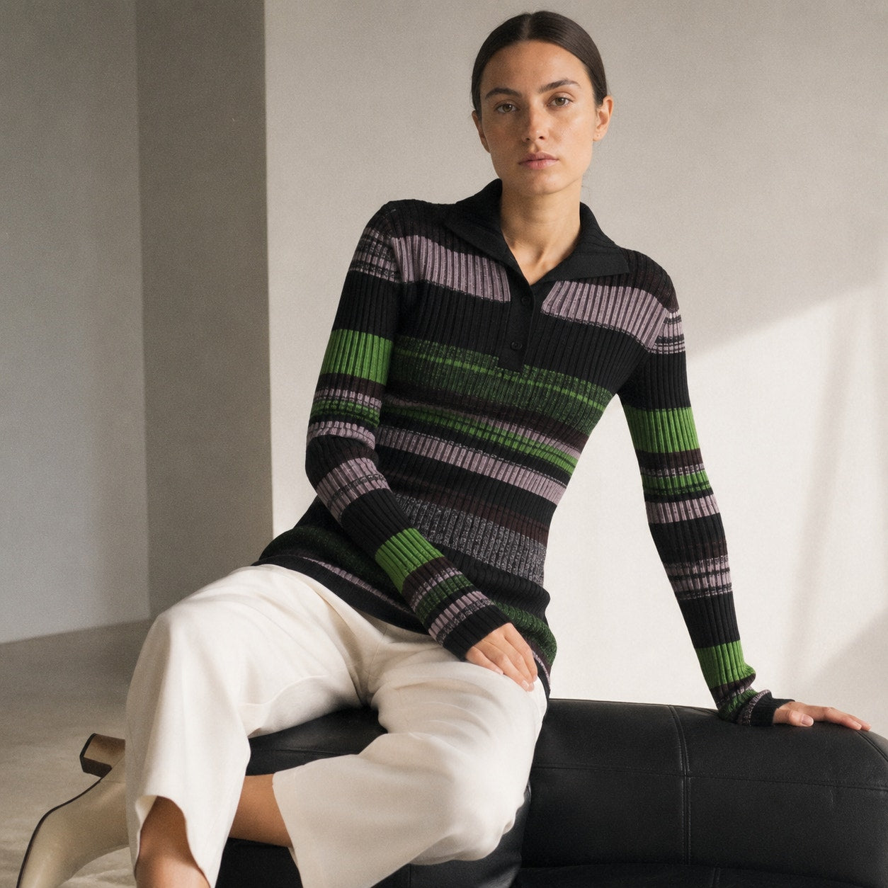 Ganni Button-Front Striped Ribbed-Knit Polo Long Sweater, size XS