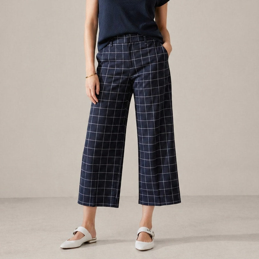 Banana Republic Slim Wide-Leg Plaid Cropped Pants Womens 8R Navy S/541496 NWT