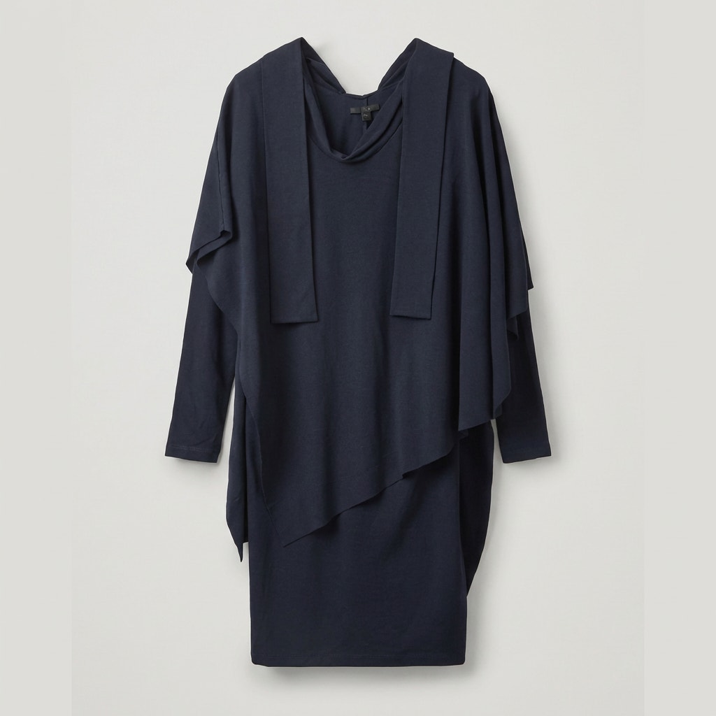 COS Navy Blue Stretchy Layered Tunic Dress With Neck-tie In Blue, size XS