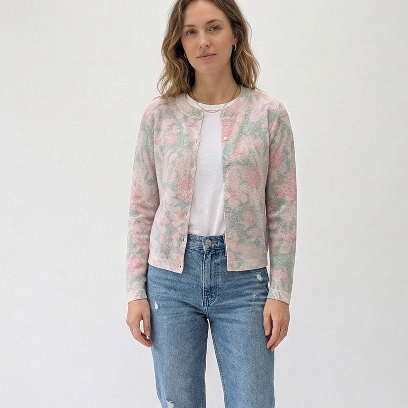 Zara 188/019/330 Floral Cardigan Womens S Gray Long Sleeve Button Crewneck NWOT
