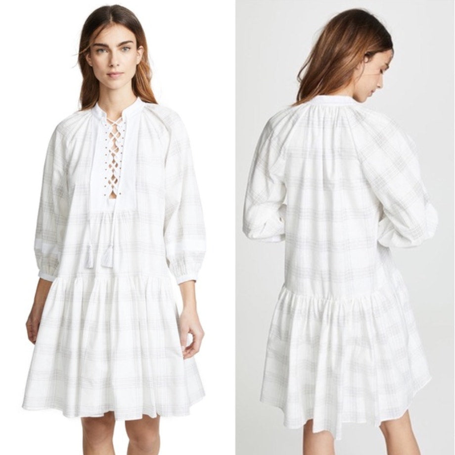 Tory Burch Cotton Lace-up Plaid Short Dress In Windowpane Cotton, size XS