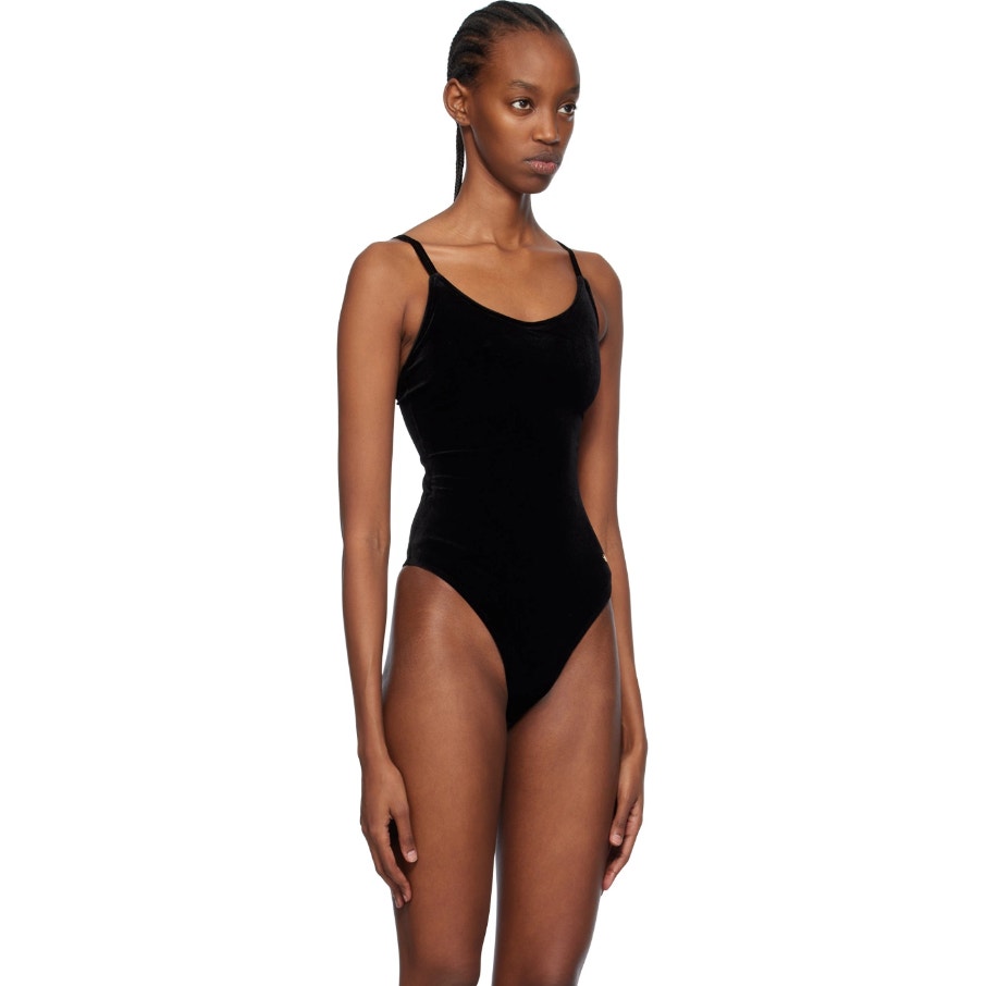 Anine Bing Alissa Bodysuit Womens Black Velour Logo Scoop Sleeveless Minimalist