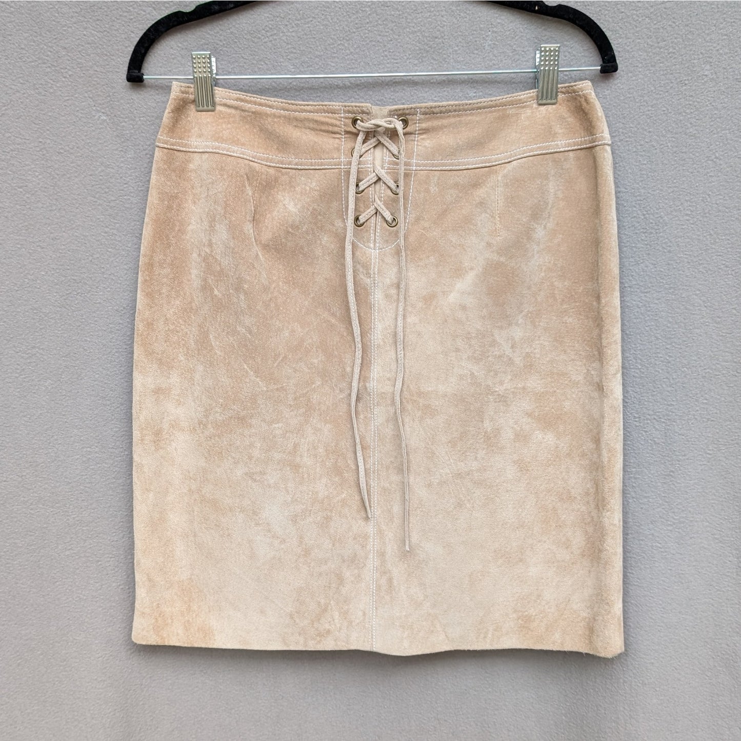 Doncaster Tan Suede Leather Tie Waist Straight Pencil Short Skirt, size 6