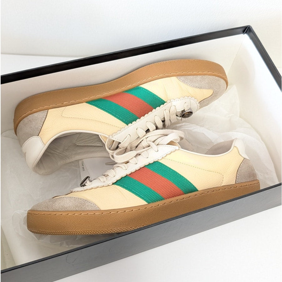 Gucci G74 Web Low Sneakers 6.5M/8.5W/EU40 Oatmeal Striped Suede Logo Lace Up