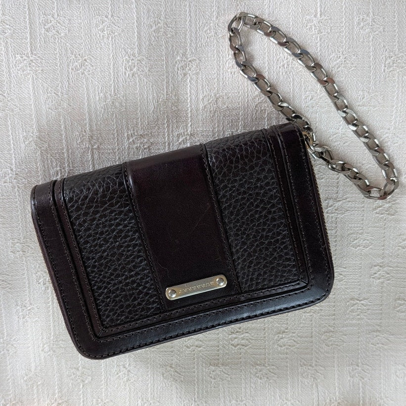 Burberry Vintage Leather Wallet with Chain Black Plaque Logo Bifold Rare