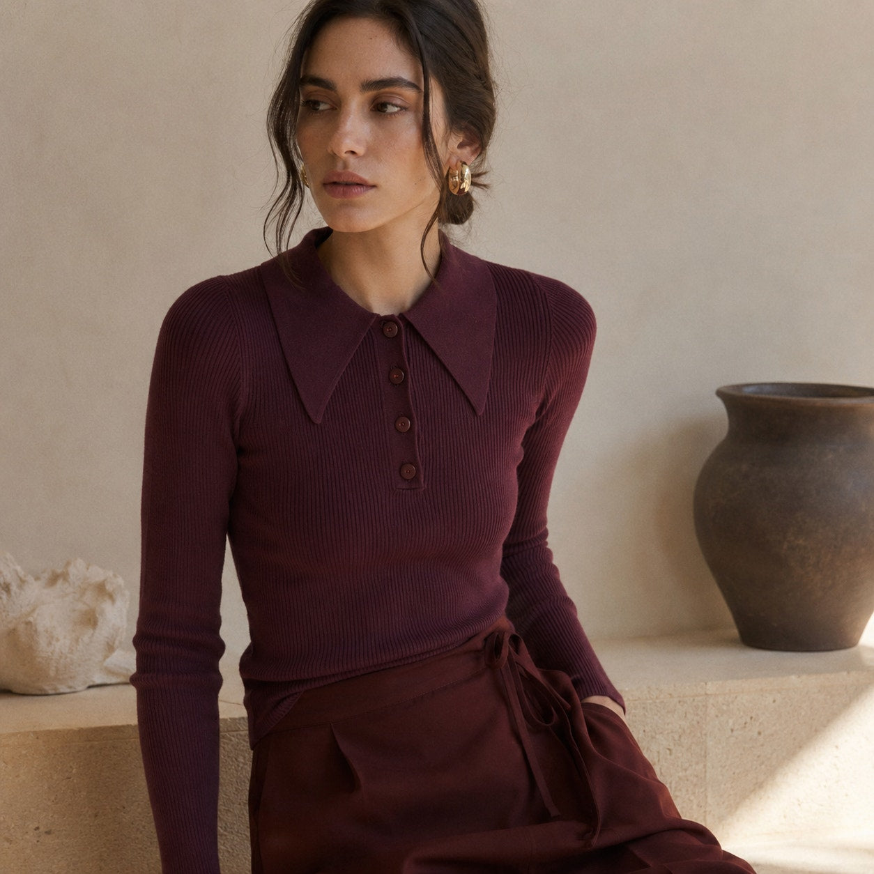 8 by YOOX Polo Sweater Womens S Burgundy Ribbed Knit Viscose Long Sleeve Top