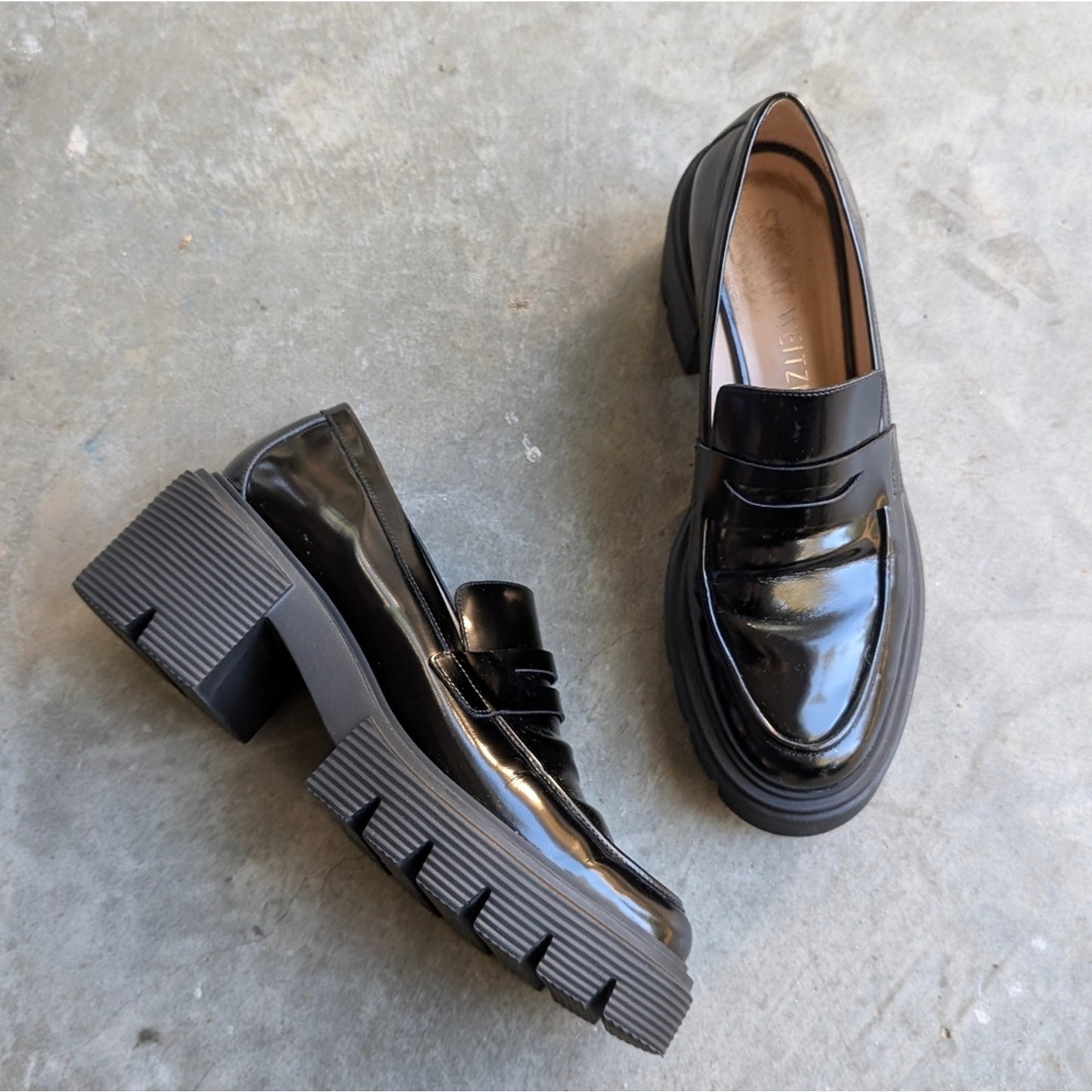 Stuart Weitzman Soho Black Patent Leather Lug Sole Loafers, Size 9