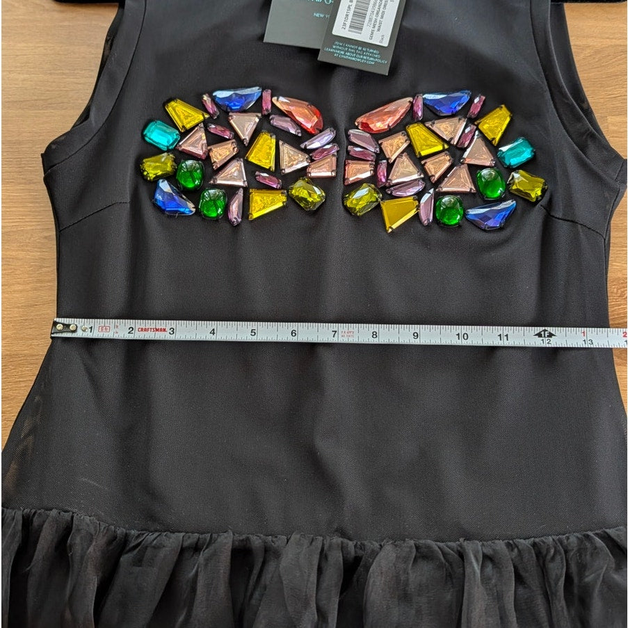 Cynthia Rowley Gems Mesh Organza Drop Waist Midi Dress Womens 8 Black NWT