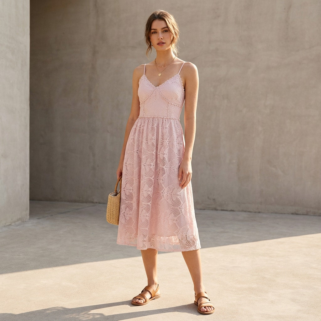NWT NSR Blush Pink Midi Fit&Flare Lace Crochet Dress, size M
