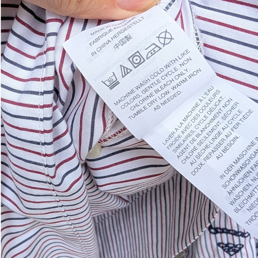 J. Crew Red/Blue Striped Embroidered Sleeves Tie Front/Back Tunic Blouse, size M