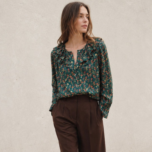 J.Crew Collection Silk-Twill Ruffle Collar Top in Mushroom Floral AU261, size M