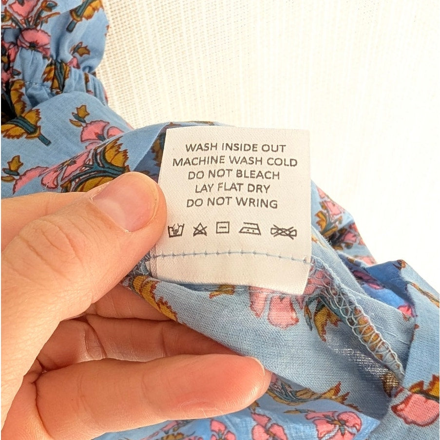 Marea Blue Floral Tie Shoulder Sleeveless Cotton Blouse Top, size XS
