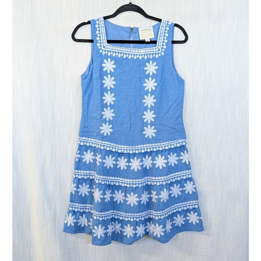 STS Sail to Sable Blue White Embroidered Floral Linen Sleeveless Mini Dress XS