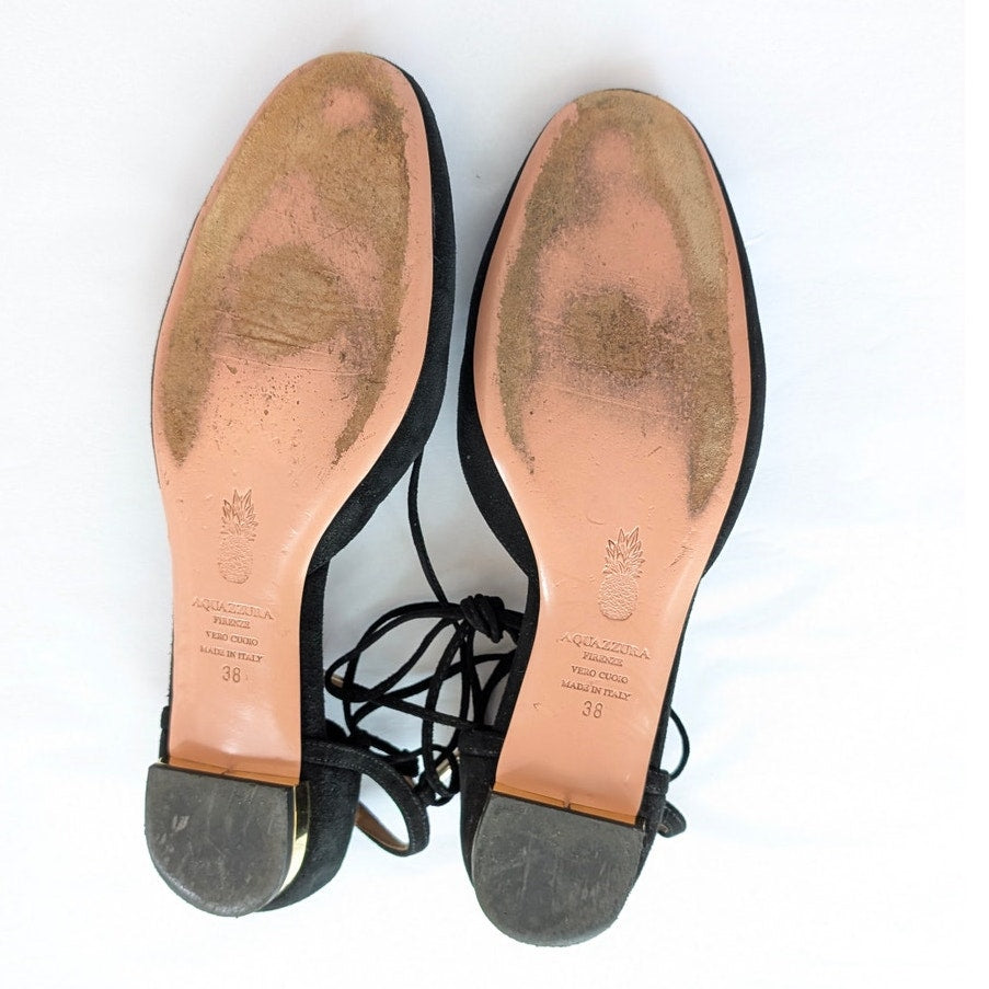 Aquazzura Black Suede Dancer Lace Up Strappy Ballet Flats, Size 38/US8