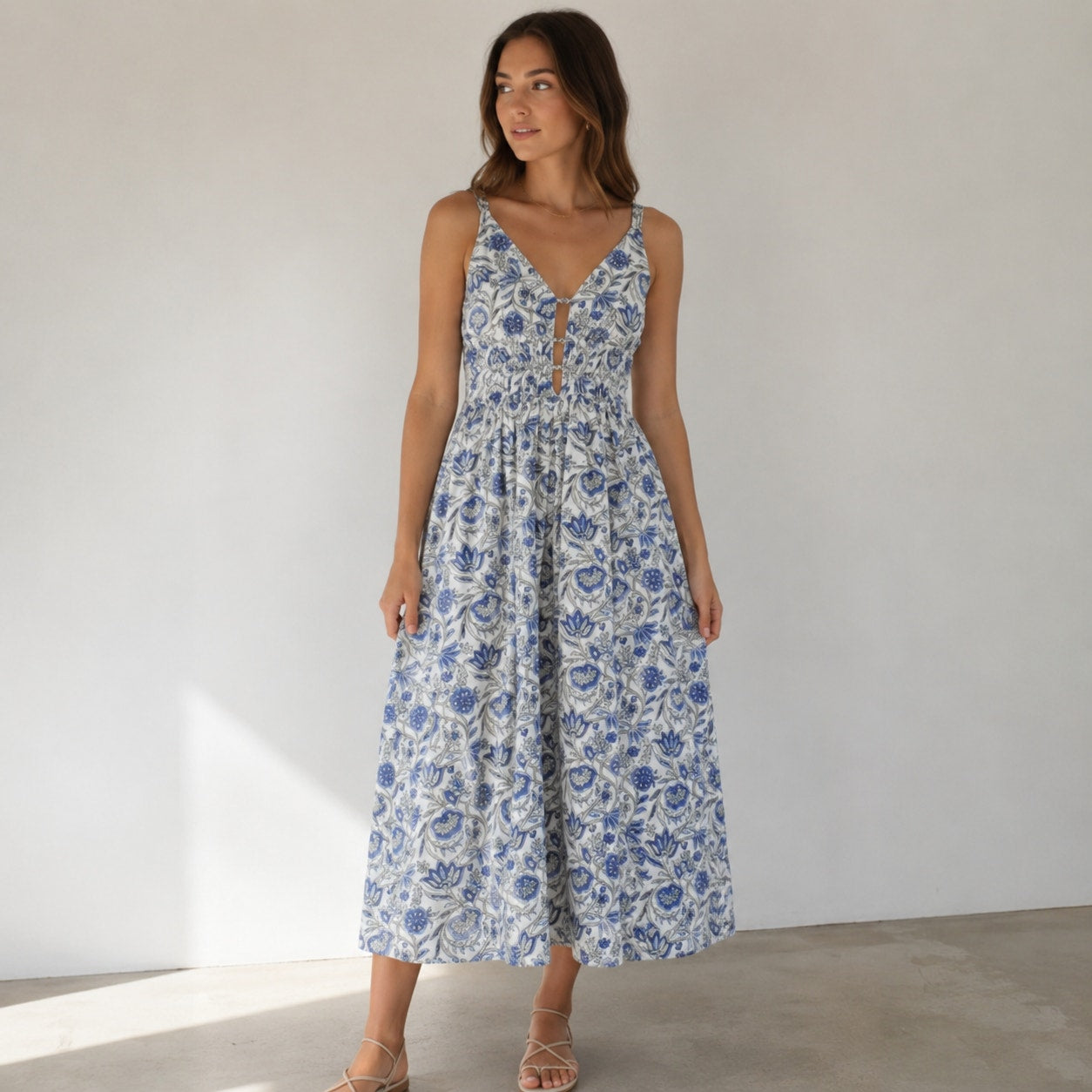 NWT Caroline Constas Blue Floral Cotton/Modal Sleeveless Midi Dress, size M
