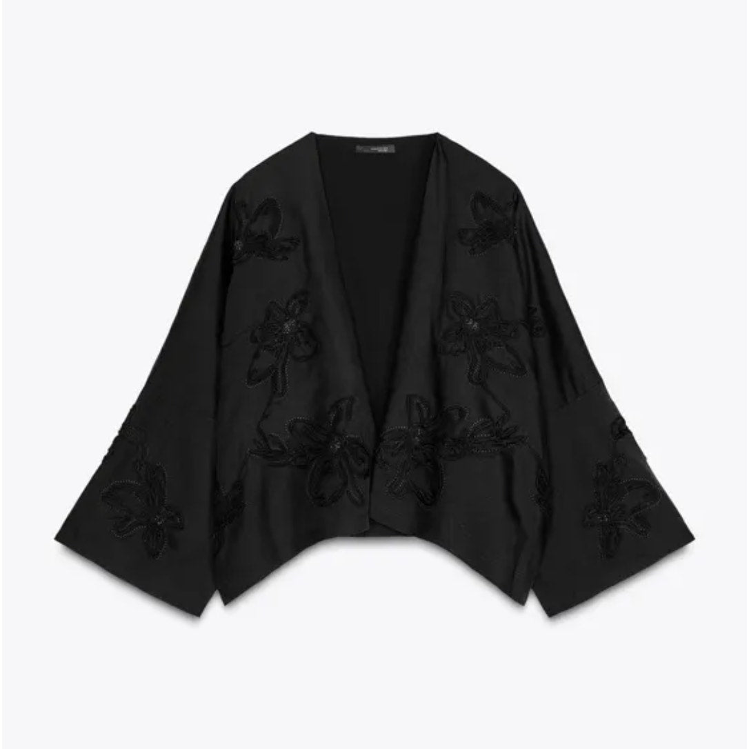 Zara Black Floral Embroidery Beaded Open Front Kimono Jacket, size M-L
