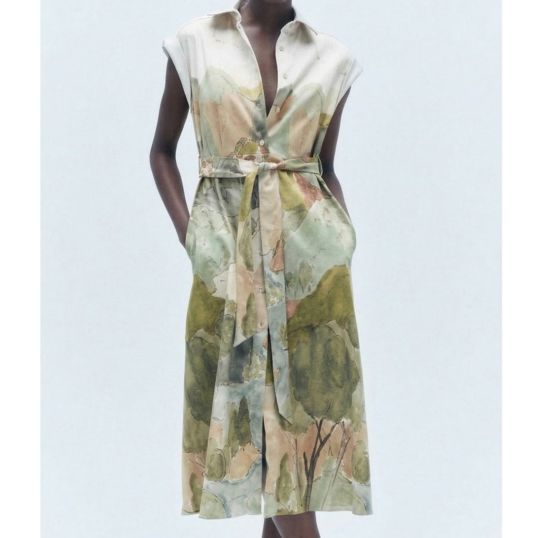 Zara ZW Collection Shirt Dress Womens XS Belted Midi Cotton Landscape Print