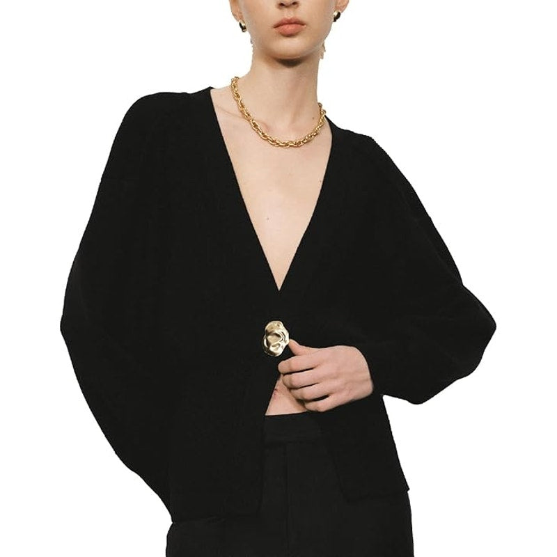Urban Revivo Cardigan Womens 6 Black V Neck Knitted Gold Button Long Sleeve