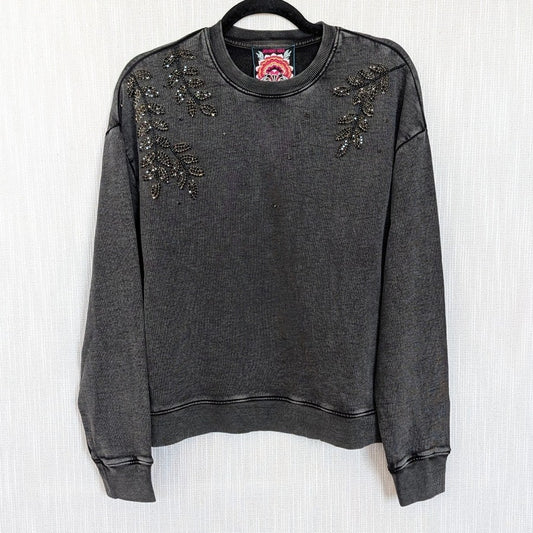 Johnny Was French Terry Beaded Sweatshirt Womens S Charcoal Heather Crewneck
