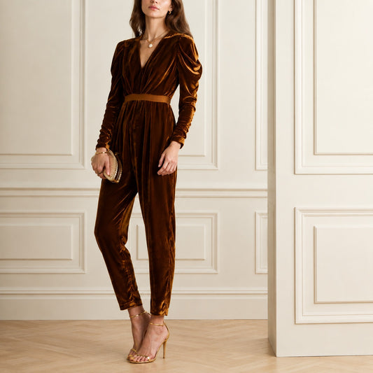 Ulla Johnson Sabine Chic Gold/Yellow Gathered Velvet One Piece Jumpsuit, size 8