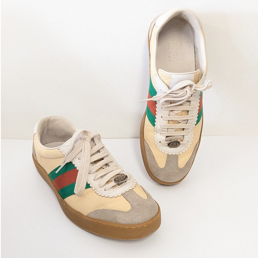 Gucci G74 Web Low Sneakers 6.5M/8.5W/EU40 Oatmeal Striped Suede Logo Lace Up