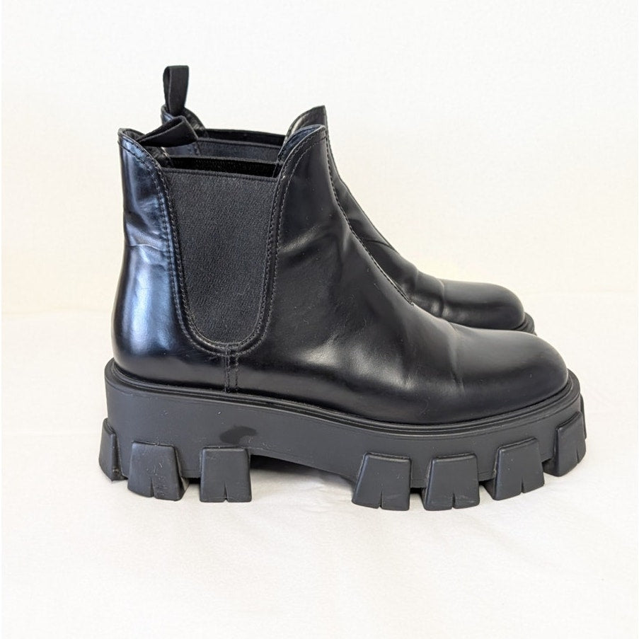 Prada Monolith Chelsea Leather Boots with Chunky Soles Womens EU 37.5/US 7.5