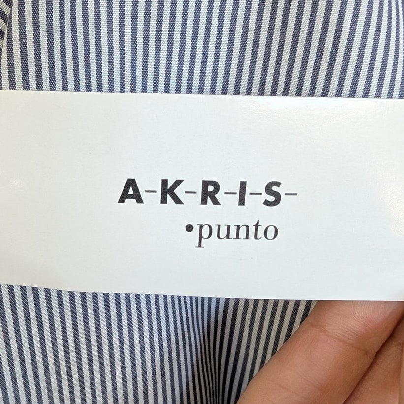 Akris Punto Blue/White Micro Striped Belted Midi Dress Womens 10 NWT