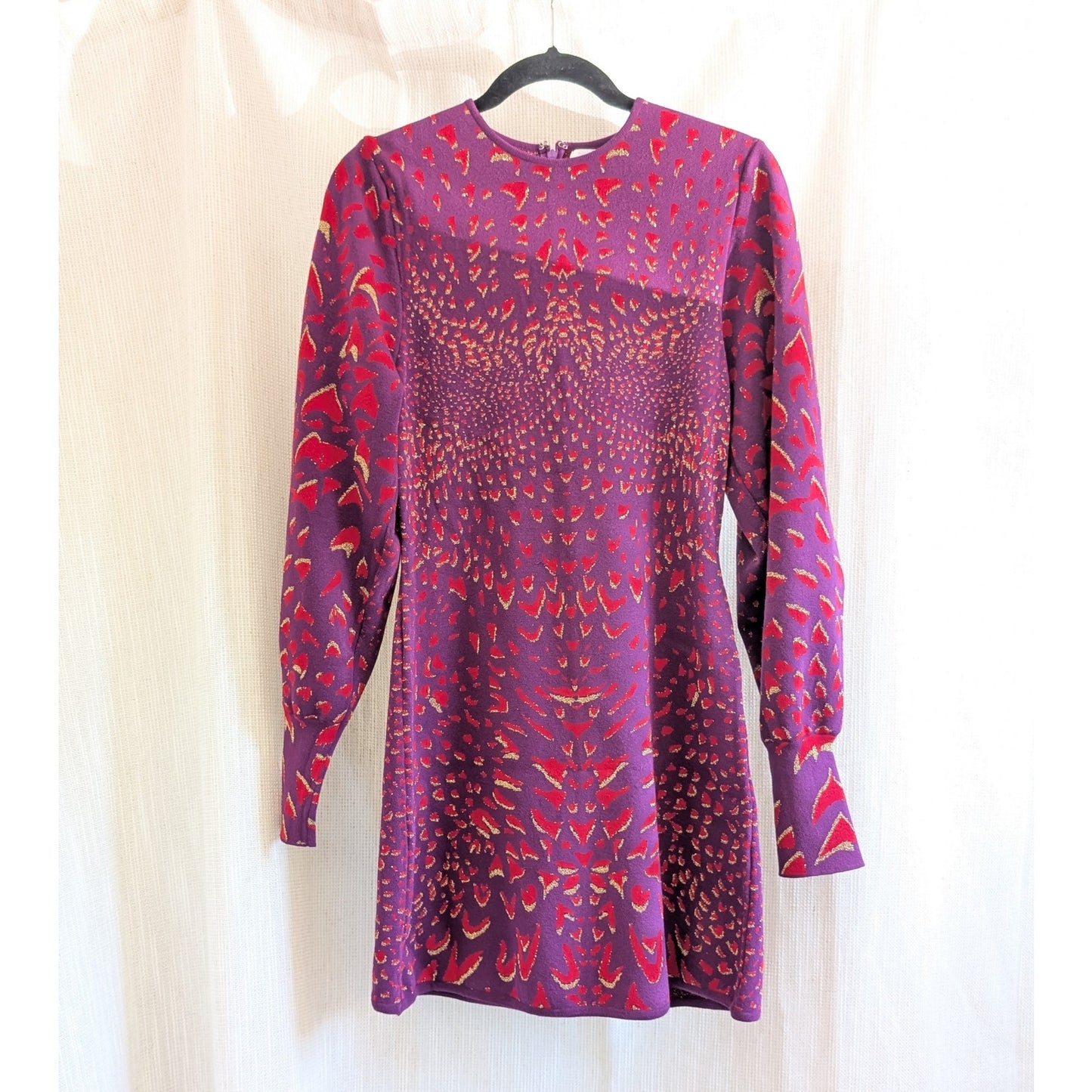 Hayley Menzies Purple Printed Long Sleeve Knit Mini Sweater Dress, size M