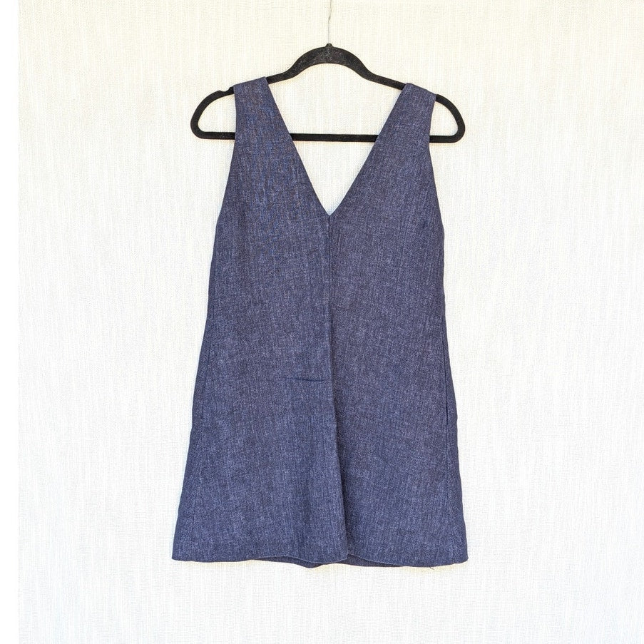 Theory Linen Dress Womens S Navy Sleeveless Deep V-neck Shift A-line Mini