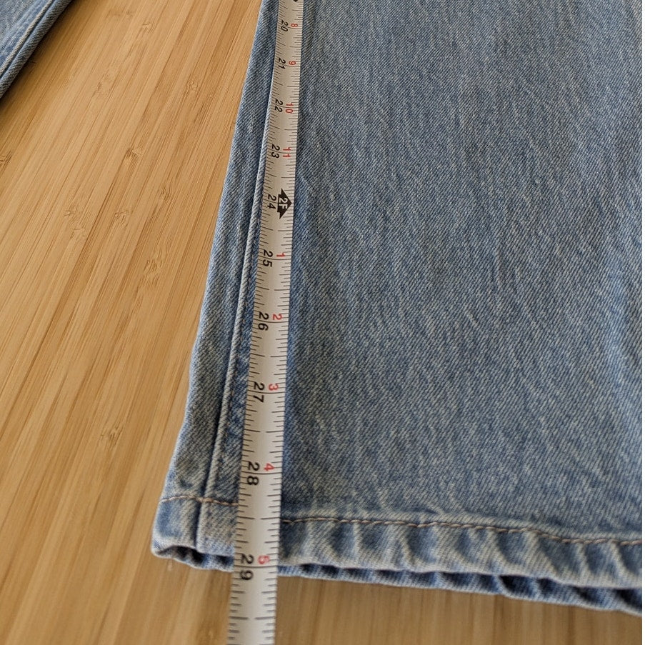 Oak + Fort Blue Denim Straight Leg Relaxed Fit Jeans in medium Stone, size 27