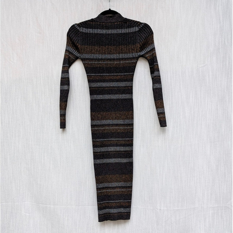 Reiss Sassy Metallic-Stripe Knit V-neck Long Sleeve Bodycon Midi Dress, size S