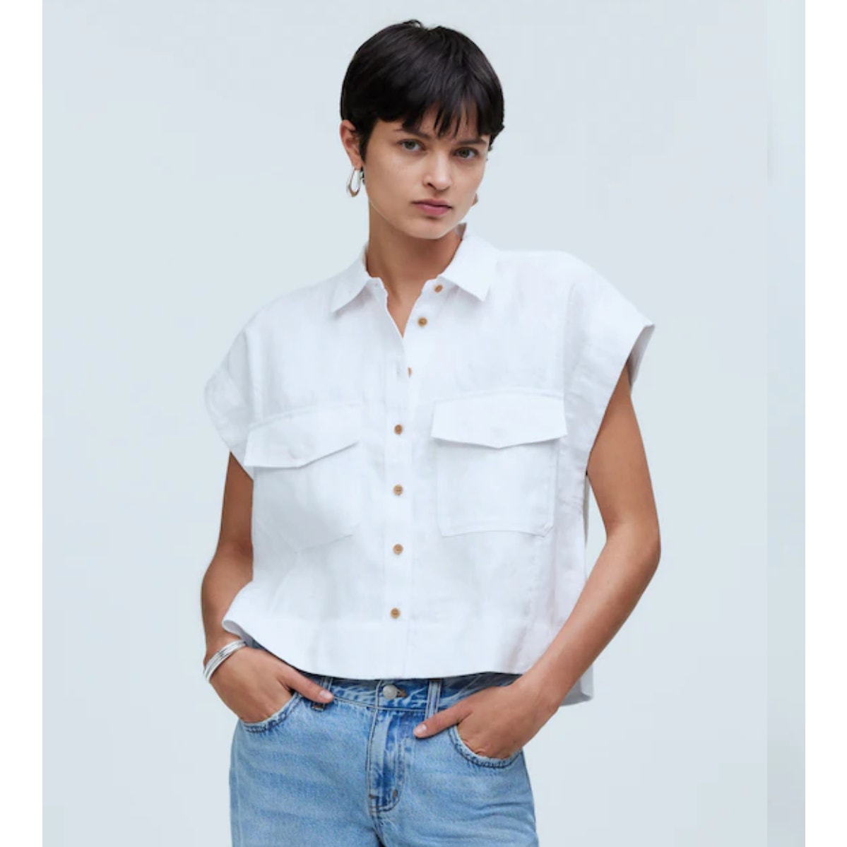 Madewell White Flap-Pocket Button-Up Shirt in 100% Linen, size L