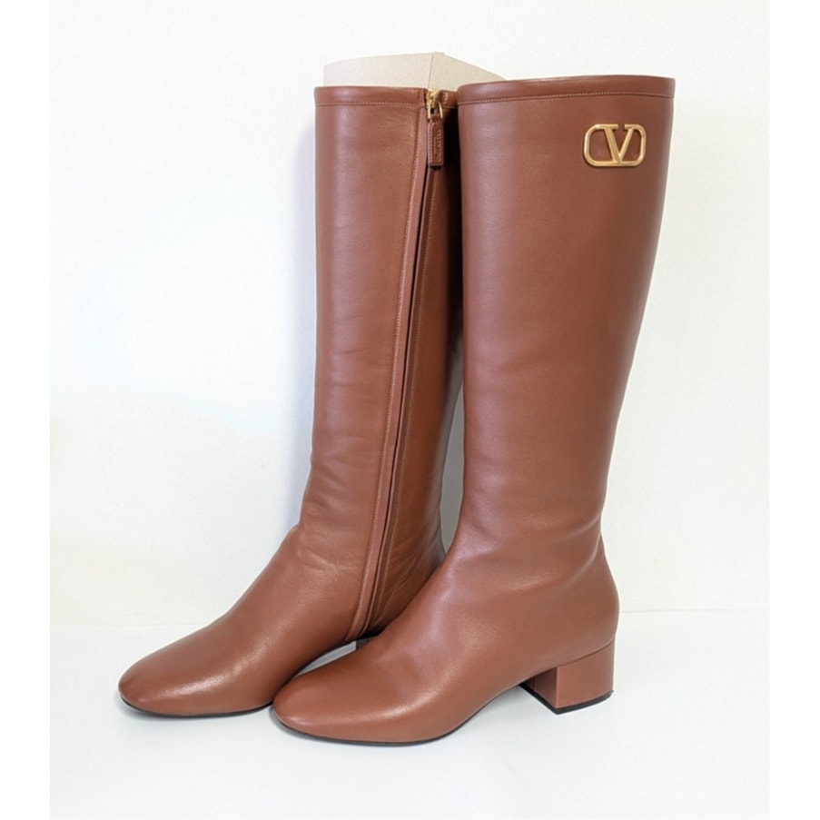Valentino Garavani VLOGO Leather Knee High Heeled Boots Womens EU40/US 10B Brown
