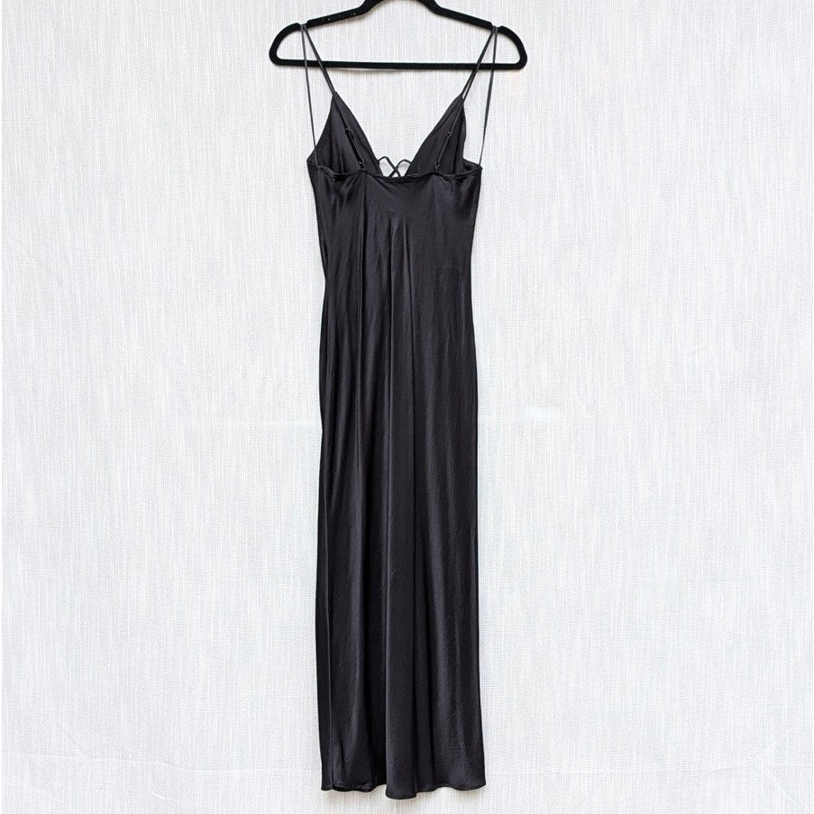 Zara Slip Dress Womens XS Black Satin Sleeveless A-line Midi