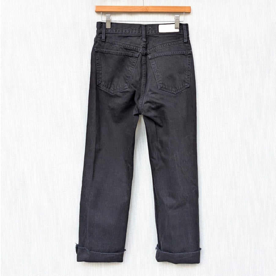 RE/DONE Stove Pipe Black Denim High-rise Raw Hem Cropped Jeans, size 25